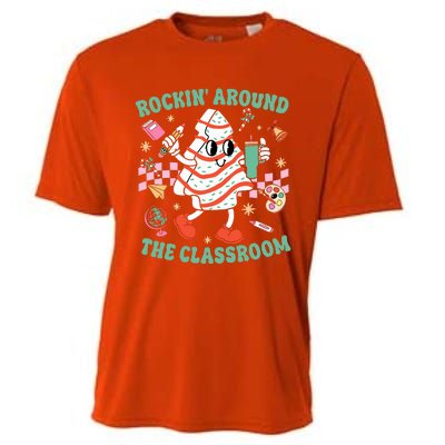 Groovy Rocking Around Classroom Teacher Christmas Tree Cake Cooling Performance Crew T-Shirt