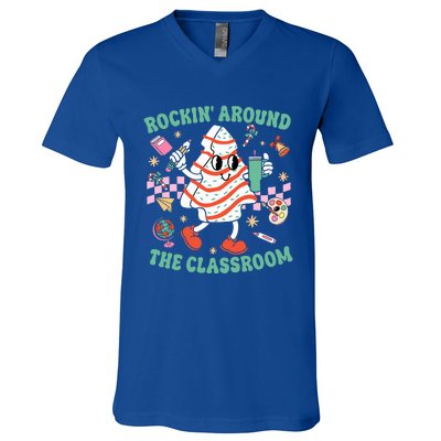 Groovy Rocking Around Classroom Teacher Christmas Tree Cake V-Neck T-Shirt