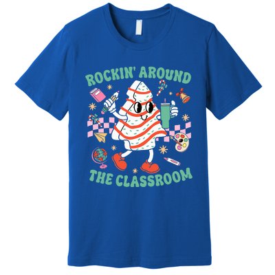 Groovy Rocking Around Classroom Teacher Christmas Tree Cake Premium T-Shirt