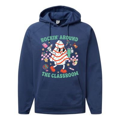 Groovy Rocking Around Classroom Teacher Christmas Tree Cake Performance Fleece Hoodie