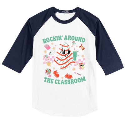 Groovy Rocking Around Classroom Teacher Christmas Tree Cake Baseball Sleeve Shirt