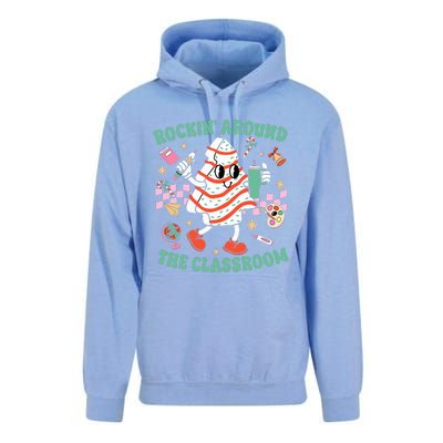 Groovy Rocking Around Classroom Teacher Christmas Tree Cake Unisex Surf Hoodie