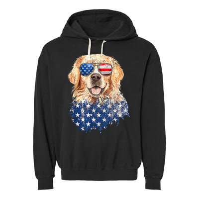 Golden Retriever American USA Flag Retro 4th Of July Garment-Dyed Fleece Hoodie