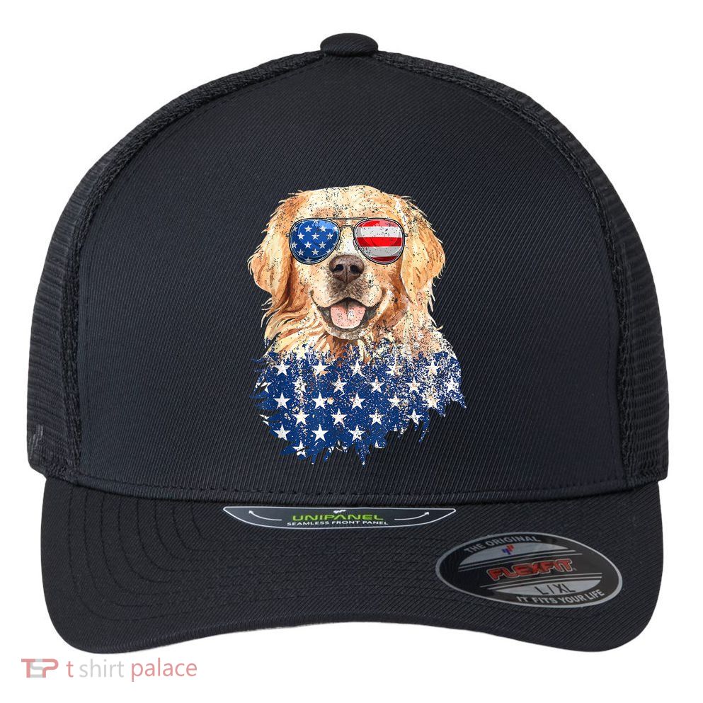 Golden Retriever American USA Flag Retro 4th Of July Flexfit Unipanel Trucker Cap