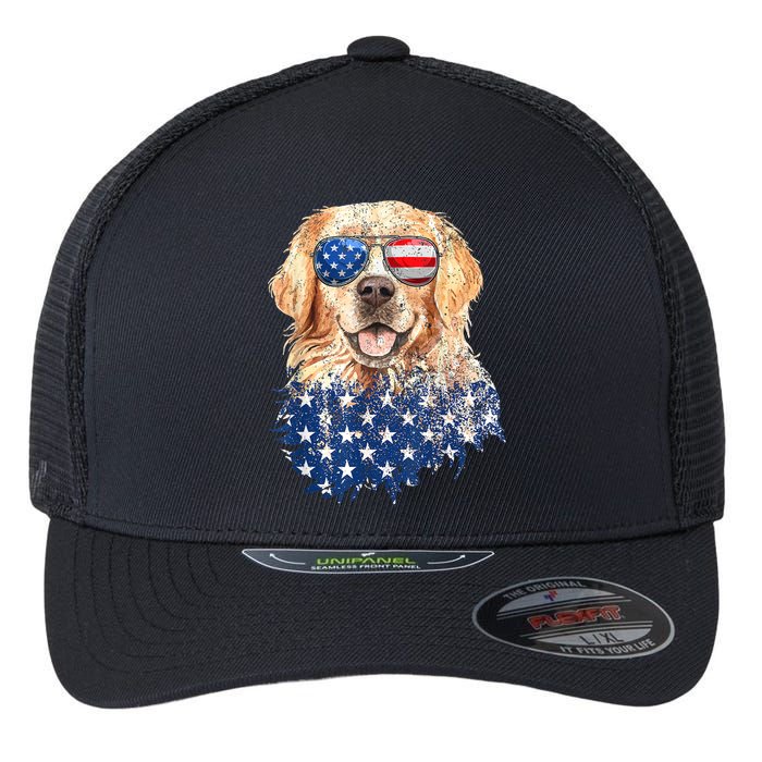 Golden Retriever American USA Flag Retro 4th Of July Flexfit Unipanel Trucker Cap