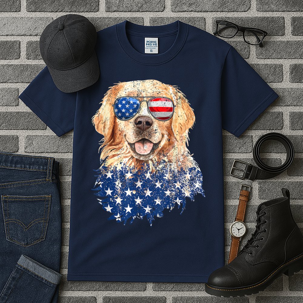 Golden Retriever American USA Flag Retro 4th Of July Tall T-Shirt