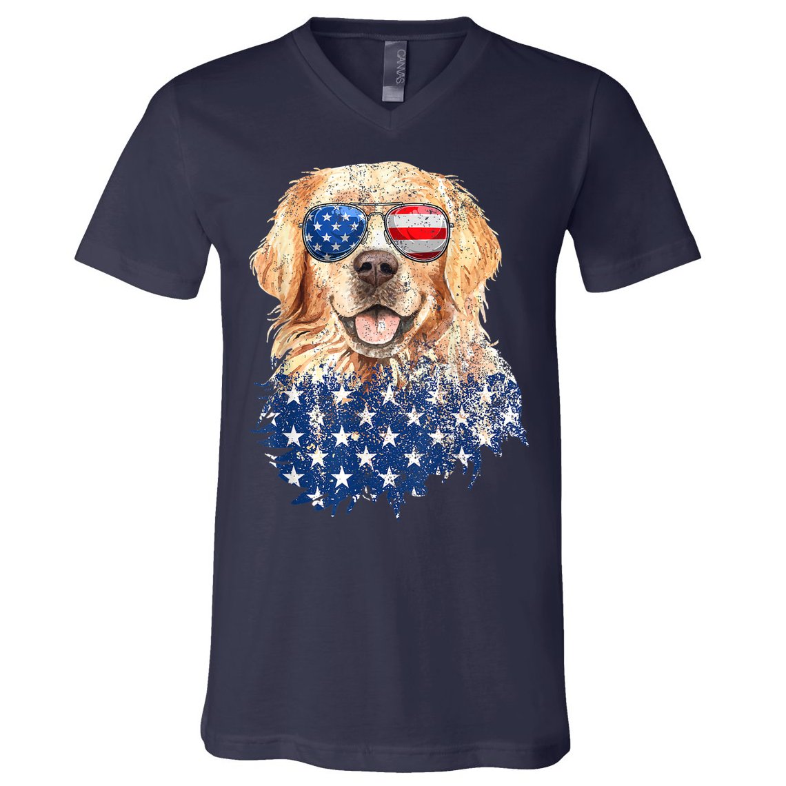 Golden Retriever American USA Flag Retro 4th Of July V-Neck T-Shirt