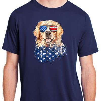 Golden Retriever American USA Flag Retro 4th Of July Adult ChromaSoft Performance T-Shirt