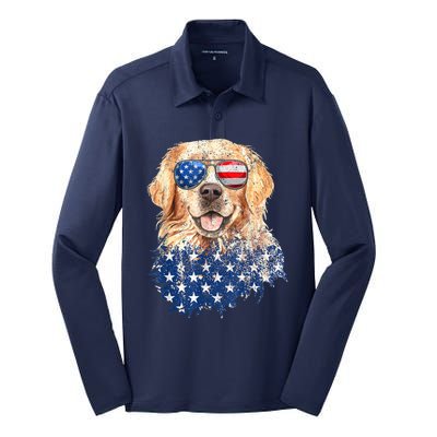 Golden Retriever American USA Flag Retro 4th Of July Silk Touch Performance Long Sleeve Polo