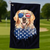 Golden Retriever American USA Flag Retro 4th Of July Golf Towel
