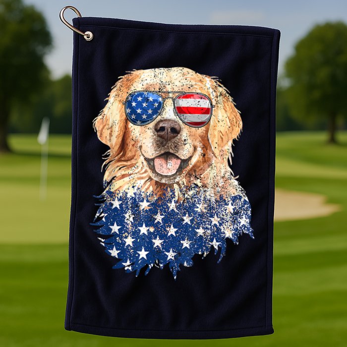 Golden Retriever American USA Flag Retro 4th Of July Golf Towel
