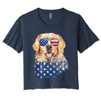Golden Retriever American USA Flag Retro 4th Of July Women's Crop Top Tee