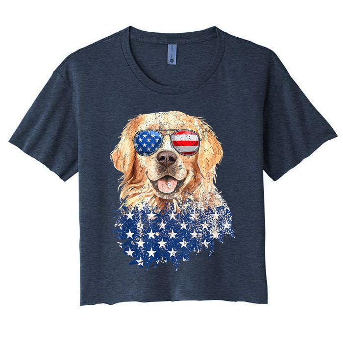 Golden Retriever American USA Flag Retro 4th Of July Women's Crop Top Tee