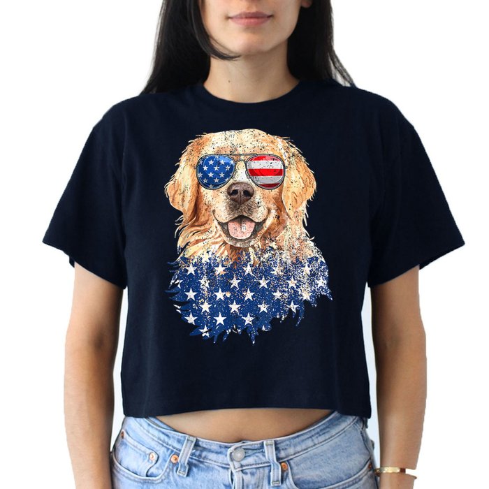 Golden Retriever American USA Flag Retro 4th Of July Women's Crop Top Tee