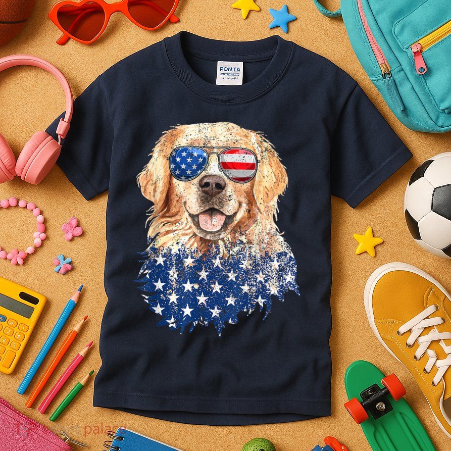 Golden Retriever American USA Flag Retro 4th Of July Kids T-Shirt