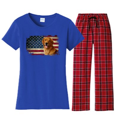 Golden Retriever American Flag Patriotic Dog Lover Women's Flannel Pajama Set