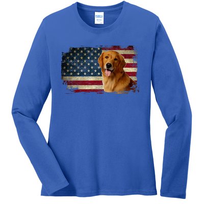 Golden Retriever American Flag Patriotic Dog Lover Ladies Long Sleeve Shirt