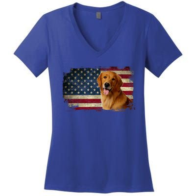 Golden Retriever American Flag Patriotic Dog Lover Women's V-Neck T-Shirt