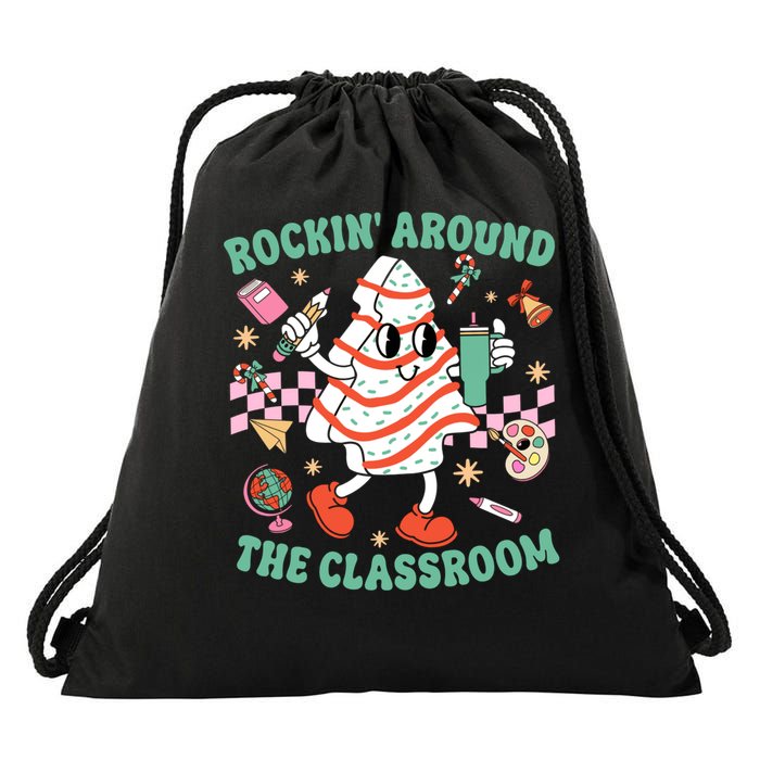 Groovy Rocking Around Classroom Teacher Christmas Tree Cake Drawstring Bag