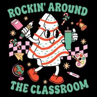 Groovy Rocking Around Classroom Teacher Christmas Tree Cake Drawstring Bag