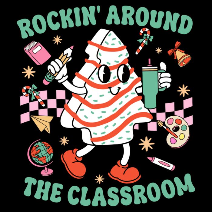 Groovy Rocking Around Classroom Teacher Christmas Tree Cake Drawstring Bag