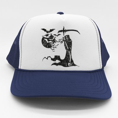 Grim Reaper Angel Of Death Swarm Of Bats Full Moon Halloween Trucker Hat