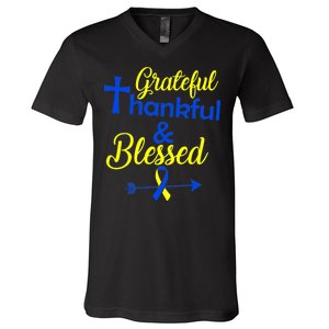 Grateful Thankful & Blessed Down Syndrome V-Neck T-Shirt