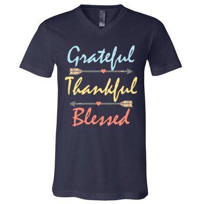 Grateful Thankful Blessed Colorful Thanksgiving V-Neck T-Shirt