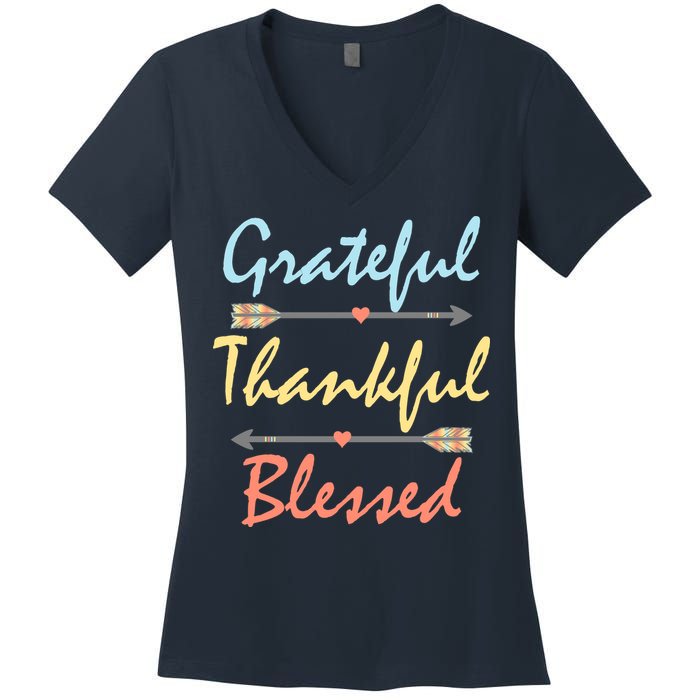 Grateful Thankful Blessed Colorful Thanksgiving Women's V-Neck T-Shirt