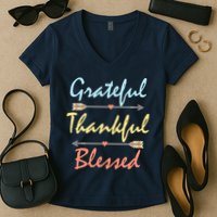 Grateful Thankful Blessed Colorful Thanksgiving Women's V-Neck T-Shirt