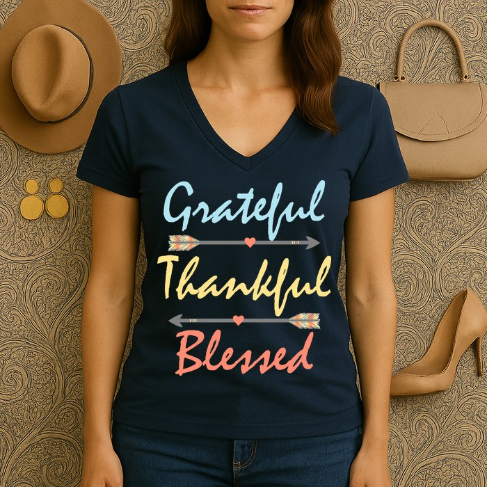 Grateful Thankful Blessed Colorful Thanksgiving Women's V-Neck T-Shirt