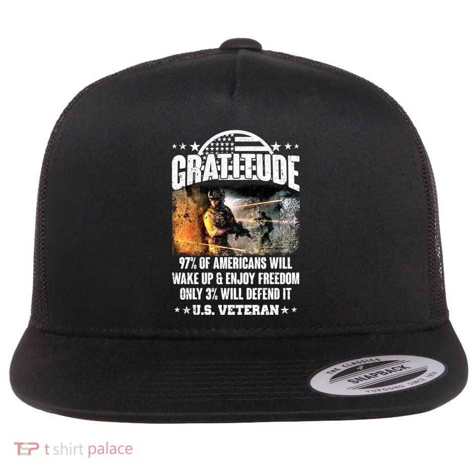 Gratitude United States of America U.S. Veteran Fact Flat Bill Trucker Hat