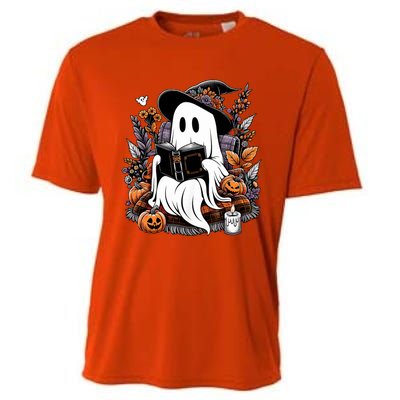 Ghost Reading Books Pumpkin Halloween Ghost Spooky Season Teacher Outfit Cooling Performance Crew T-Shirt