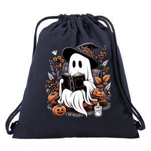 Ghost Reading Books Pumpkin Halloween Ghost Spooky Season Teacher Outfit Drawstring Bag