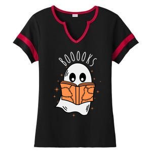 Ghost Reading Books Halloween Ladies Halftime Notch Neck Tee