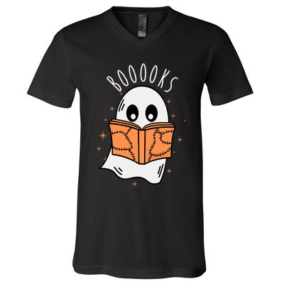 Ghost Reading Books Halloween V-Neck T-Shirt