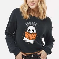 Ghost Reading Books Halloween Cropped Pullover Crew