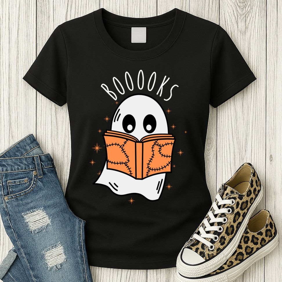Ghost Reading Books Halloween Womens T-Shirt