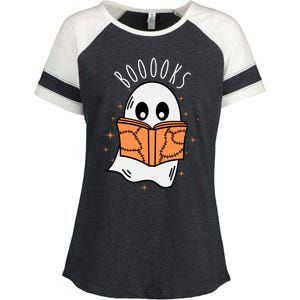 Ghost Reading Books Halloween Enza Ladies Jersey Colorblock Tee