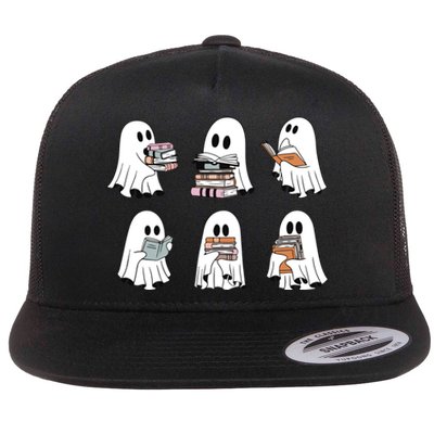 Ghost Reading Books Bookish Halloween Flat Bill Trucker Hat