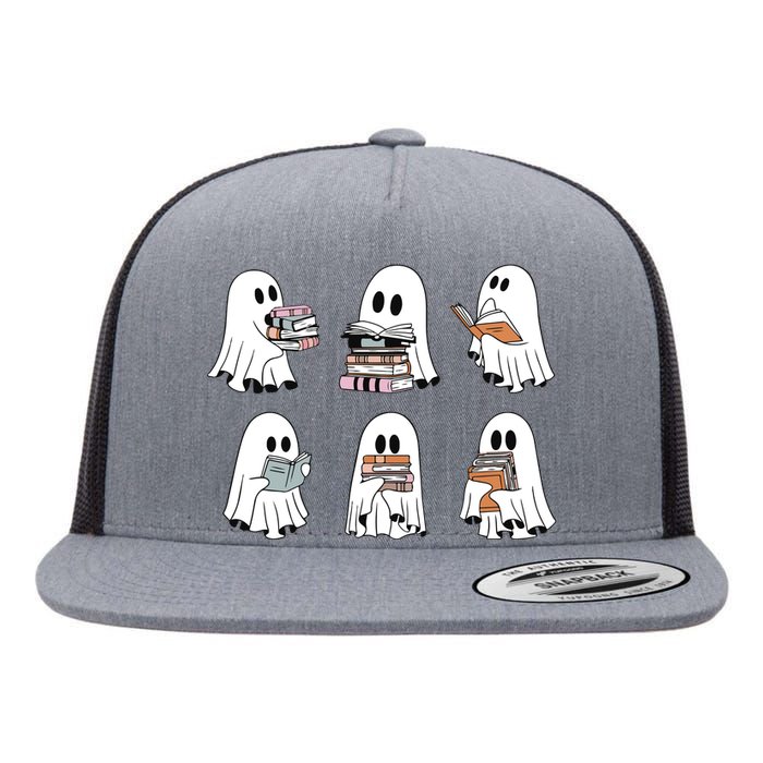 Ghost Reading Books Bookish Halloween Flat Bill Trucker Hat