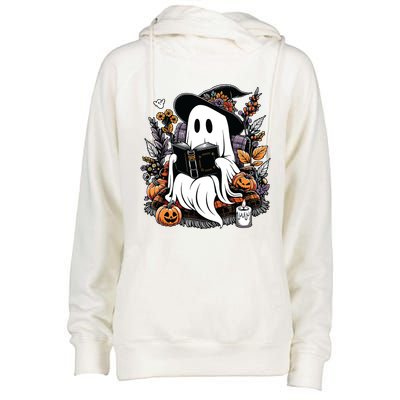 Ghost Reading Books Pumpkin Halloween Womens Funnel Neck Pullover Hood