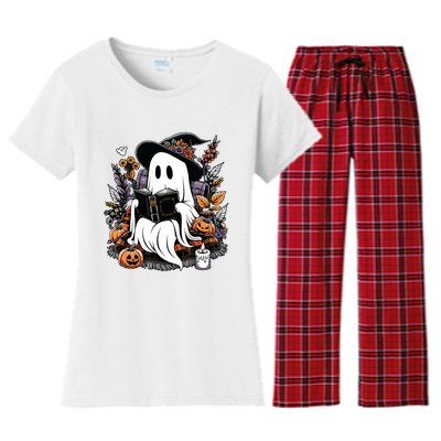 Ghost Reading Books Pumpkin Halloween Women's Flannel Pajama Set