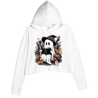 Ghost Reading Books Pumpkin Halloween Crop Fleece Hoodie