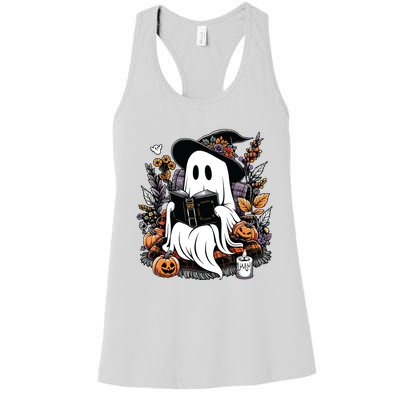 Ghost Reading Books Pumpkin Halloween Women's Racerback Tank