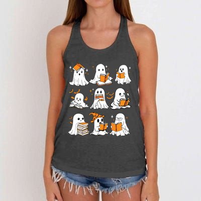 Ghosts Reading Books Lovers Club Booooks Halloween Reading Women's Knotted Racerback Tank