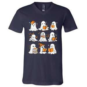 Ghosts Reading Books Lovers Club Booooks Halloween Reading V-Neck T-Shirt