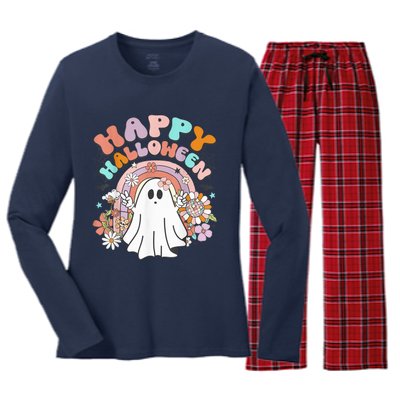 Groovy Rainbow Boo Happy Halloween Costumes Wo Girls Women's Long Sleeve Flannel Pajama Set 