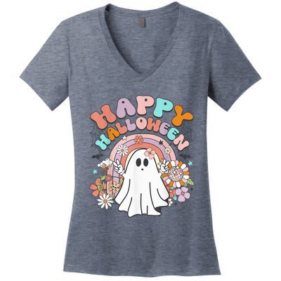 Groovy Rainbow Boo Happy Halloween Costumes Wo Girls Women's V-Neck T-Shirt