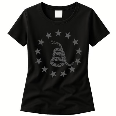 Gadsden Rattlesnake Betsy Ross Flag Ring Of Stars Patriot Womens T-Shirt